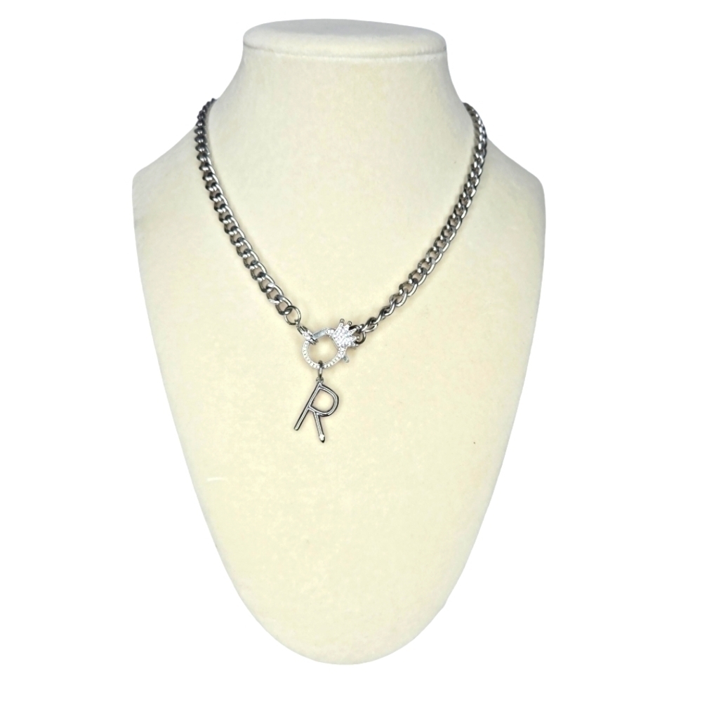 Melania Clara Silver Pave Queen Crown Initial R Cuban Link Chain Necklace